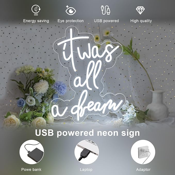 Lucunstar It Was All A Dream Neon Sign White Neon Sign For Room LED signs For Wall Decor LED Light Up Bedroom Club Office Hotel Pub Cafe Dream Neon Lights Wedding Birthday Party Room Decor