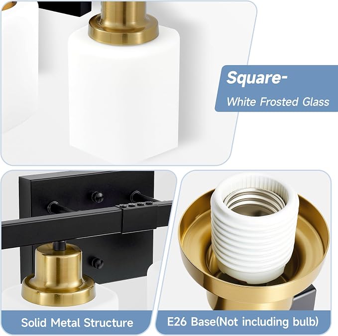 4-Light Vanity Light for Bathroom,Black and Gold Bathroom Light 24" | Bathroom Light Fixture with Square Frosted Glass, Wall Sconces fixtures Over Mirror Sink Restroom,Living Room Hallway