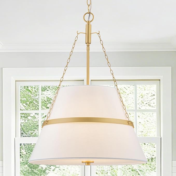 20" Gold Drum Chandelier for Dining Room, White Linen Shade Pendant Light | Modern Transitional, Large Fabric Drum Design, 4-Light, 3 Side Chains, for Kitchen Island,Adjustable Height,19.69"W × 26.38"H