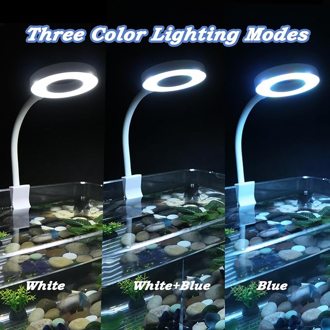 Small Aquarium Light Clip on Fish Tank Light LED USB Full Spectrum Light with Dimmer Multi-Color White+Blue+Red for 1-5 Gal Betta Tank (Adapter NoT Included, No Timer)