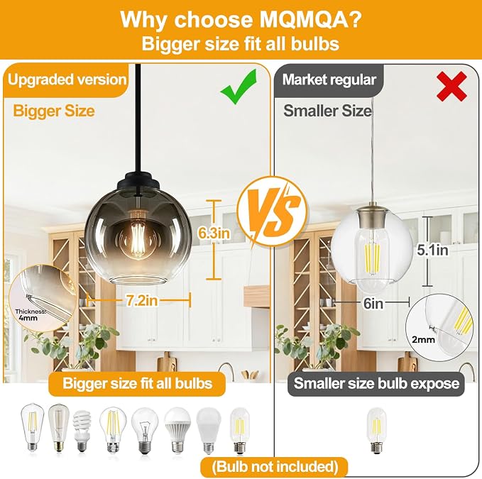 MQMQA 2 Pack Globe Pendant Lights, Mid Century Pendant Light Fixtures, Globe Pendant Lights Kitchen Island with Gray Glass Shade Adjustable Hanging Fixture for Dining Room (Bulbs not Included)