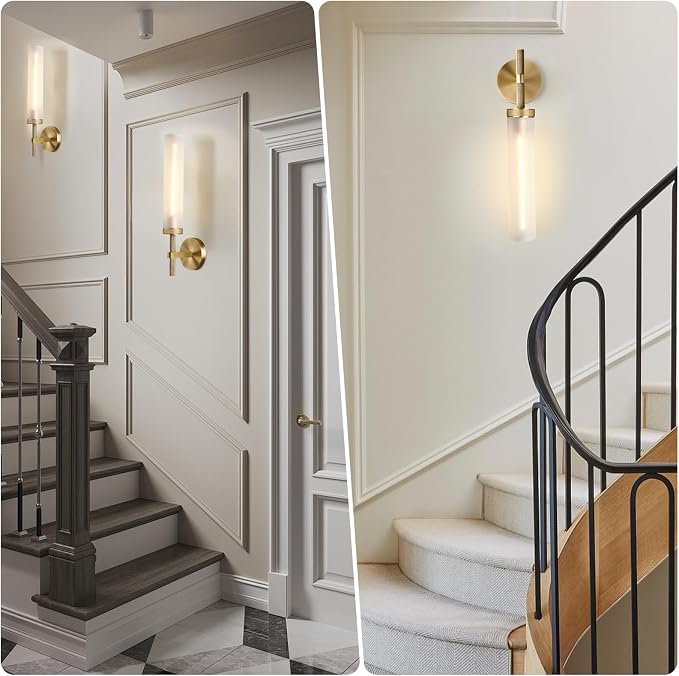 20" Knurled Brass Bathroom Wall Sconces,Frosted Glass Tube Brass Sconces Wall Lighting,Handmade Modern Hardwired Wall Sconce for Vanity,Mirror,Bedroom,Living Room,Hallway