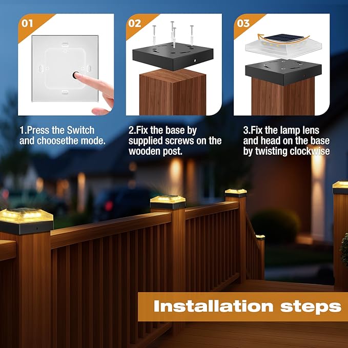 4x4 Solar Post Cap Lights Outdoor 4 Pack, 3 Color Modes/Dusk to Dawn/IP65 Waterproof, Fits 4x4 Vinyl/PVC Wood Posts Top, Black LED Fence Topper Light for Deck, Porch, Backyard