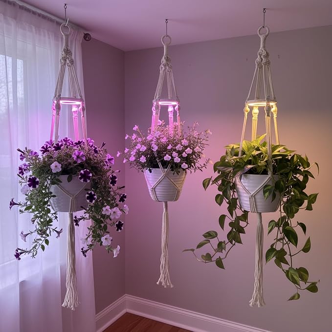 Hanging Plant Grow Lights for Indoor Plants with Timer | Wall Mounted Full Spectrum Pendant Growing Light with Macrame Plant Hanger, Ceiling LED Planta Luz for Potted Plants