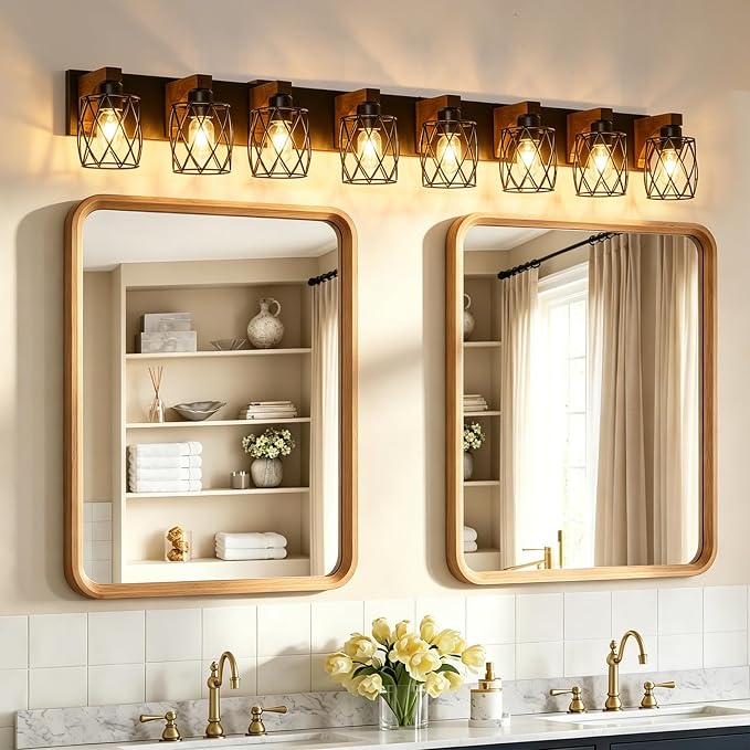 RVONOW 8-Light Farmhouse Bathroom Light Fixtures with Metal Shade | Rustic Bathroom Vanity Light with E26 Base for Bedroom Living Room Hallway, Black