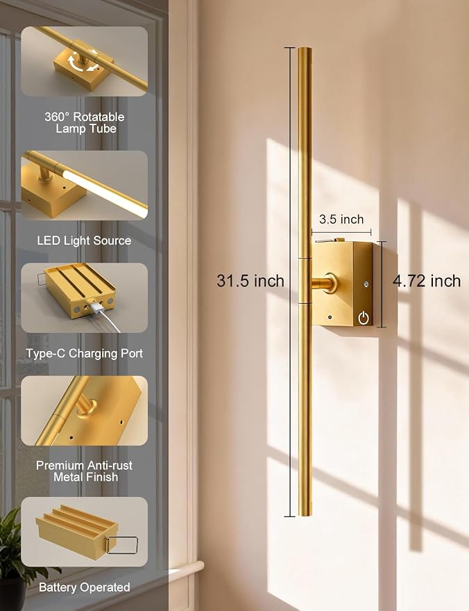 Battery Operated Wall Sconces Set of 2, Wireless Rechargeable Wall Lights | 10000mAh, Remote Control, 4CCT Dimmable, 360° Rotation, Modern Home Decor for Living Room, Bedroom, Picture Lighting, Gold