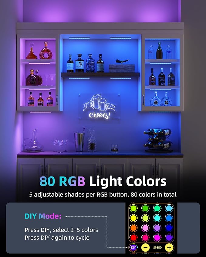 EZVALO 80 RGB Color Changing Under Cabinet Lighting Wireless, 1800mAh Rechargeable Shelf Lights, Timer & Dimmable, Magnetic, Bar Light with Remote for Kitchen, Cabinet, Display Case, 8Pack