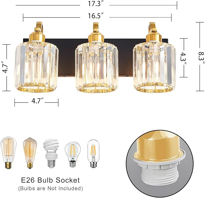 Modern Crystal Bathroom Vanity Lights, Black and Gold 3-Lights Bathroom Light Fixtures Over Mirror, Crystal Wall Lighting for for Mirror Bedroom Living Room (Exclude Bulb)