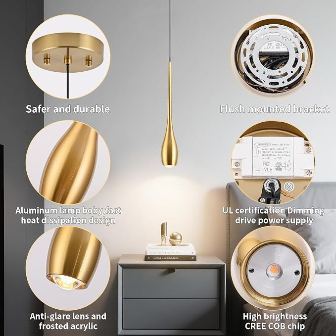 Gold Pendant Light, Modern Pendant Lights Kitchen Island, LED Hanging Light Fixtures for Dining Room Hallway Bedroom 3 Pack 3000K