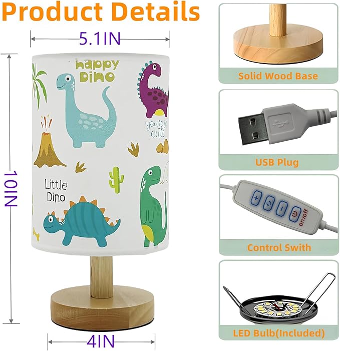 Dinosaur Kids Table Lamp for Bedroom Kids Bedside Lamp 3 Colors Dimmable Nightstand Night Light with Cartoon Flaxen Fabric Shade Desk Reading Lamp for Girls Boys Room Nursery Decor,Dino Gifts for Boys