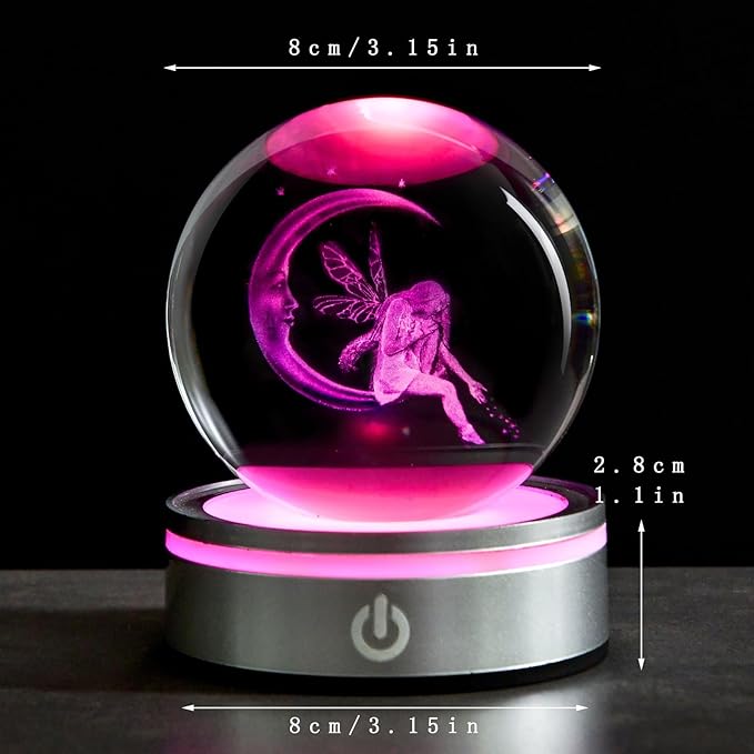 3D Moon Fairy Crystal Ball with LED Stand, 80mm Fairies Figurines Decor Glass Sphere Balls Lamp Night Light Gifts for Women Kids Mom Girls