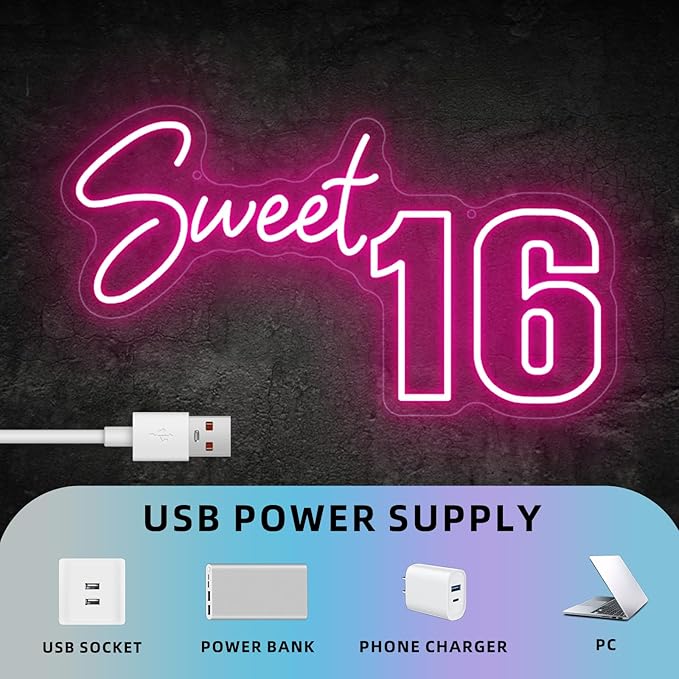 Sweet 16 Party Decorations Neon Sign, Sixteen 16th Birthday Decorations Gift for Girls, Light Up Numbers Sweet 16 Sign for Party Backdrop Wall Decor, Pink,16.5x9.4 inch