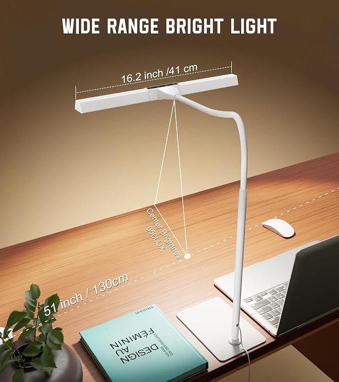 LED Desk Lamp for Home Office with Base, Eye-Caring Desk Light 12W | Tall Lamp for Computer Monitor Task Reading, Adjustable Gooseneck, 5 Dimmable Brightness & Color, Touch Control, Timer