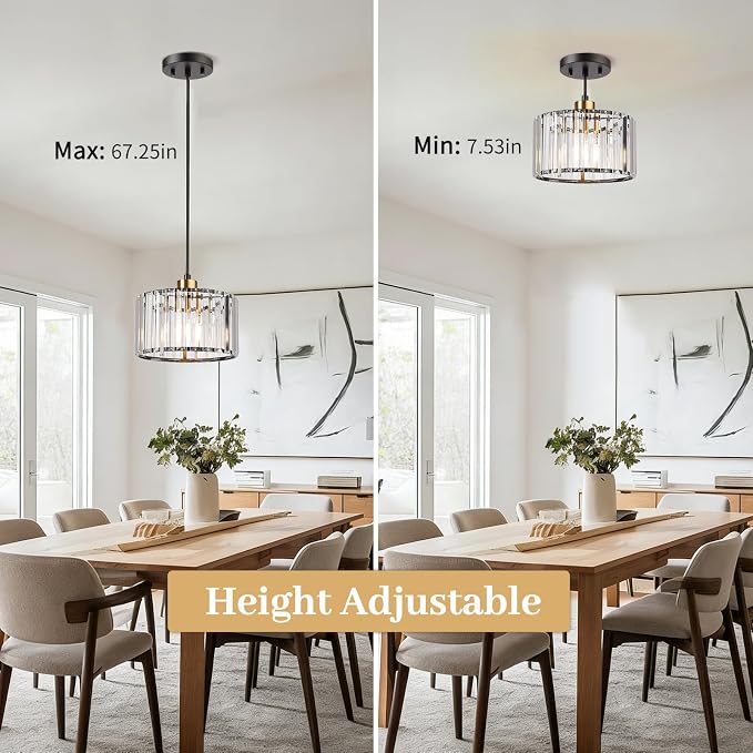 TALOYA Pendant Lights Kitchen Island Black and Gold, Crystal Pendant Light Modern for Dining Room, Height Adjustable Chandelier Hanging Island Light Fixtures for Kitchen Hallway(Bulb Not Included)