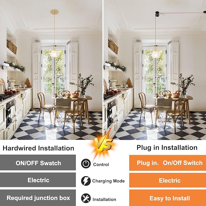 Plug in Pendant Light Hanging Light Fixture Corded On/Off Switch Brass Pendant Light with Clear Tulip Glass Lampshade for Bedroom Living Room Kitchen Island