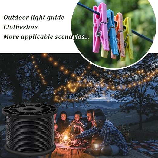 Vinyl Coated Wire Rope 304 Stainless Steel Coated Wire Cable-Black, 1/16" OD to 3/32" x 1000FT, with 300 Pcs Crimping Sleeves-Cable for String Lights, Suitable for Clotheslines