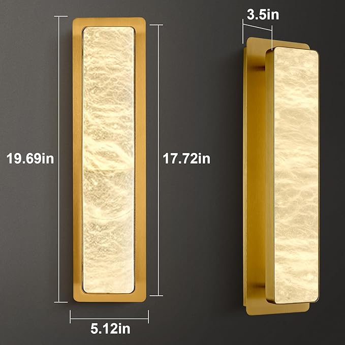 19.7" Brass Wall Sconces, Natural Alabaster Wall Sconce, Gold Marble Sconces Wall Lighting, Large Rectangular Bedside Lamp Perfect for Living Room, Dining Room,Stairs, Hallway, Bedroom