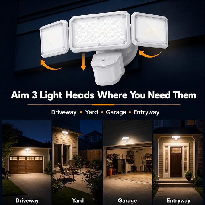 LED Security Light 240° Dual PIR 100 FT Motion Sensor Outdoor | 7000LM Adjustable Brightness, Hardwired Flood Light, 5000K Daylight, Dusk to Dawn, IP65, Easy Install, Garage, Porch, Yard