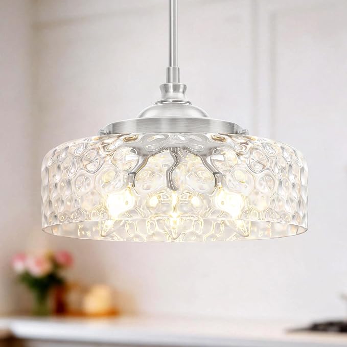 Brushed Nickel 3-Light Pendant Lights Kitchen Island, Modern Hammered Glass Kitchen Pendant Lighting Over Island, Adjustable Hanging Bathroom Light Fixtures for Hallway Entryway Dining Room,E12*3