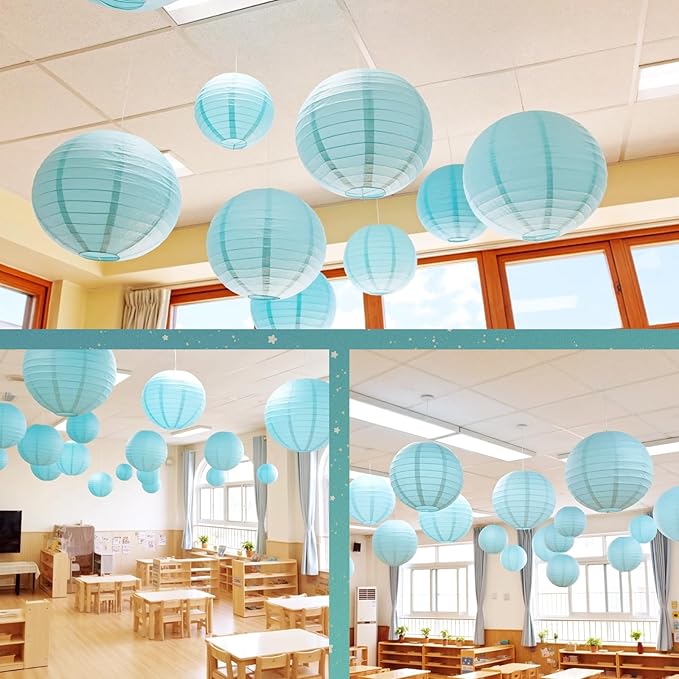 Chinese Paper Lanterns for Birthday Party Decorations – Hanging Rainbow Lanterns for Ceiling Decor, Classroom, Wedding, and Home Party – Pack of 18,Light Blue(8/10/12-Inch)