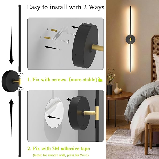 Battery Operated Wall Sconce Set of 2: 10000mAh Wireless Sconces Rechargeable Wall Lights with Touch and Remote, 360° Rotate Cordless Wall Lamp for Bedroom Living Room Hallway, 31.5 Inch, Black