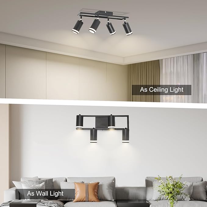 4-Light Track Lighting Fixtures Ceiling, GU10 Black Led Ceiling Spotlight, Modern Track Light Kit for Kitchen Hallway Bedroom Living Room