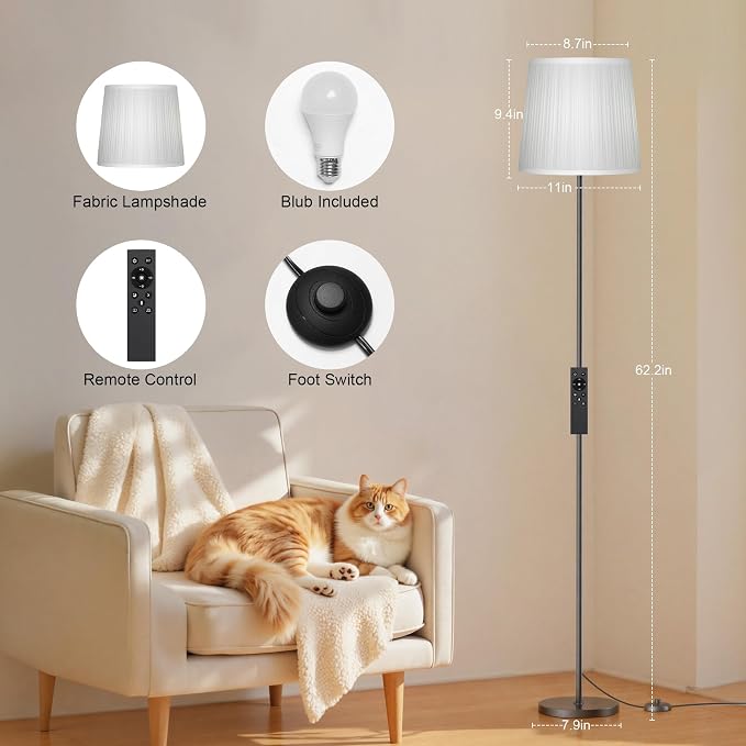 Dimmable Floor Lamp with Pleated Shade for Living Room | Dimmable LED Standing Lamp with Remote & Foot Switch, Modern Floor Reading Light for Bedroom Office Corner