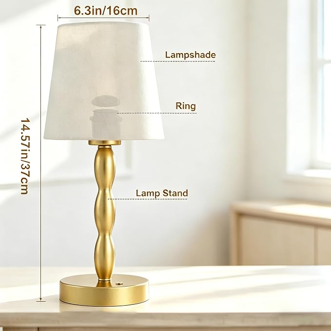 Rechargeable Cordless Table Lamp, 5000mAh Battery Powered Touch Desk Lamp, 3-Level & Stepless Dimmable Night Light, Portable Bedside Lamp for Bedroom, Outdoor, Bulb Included, Gold