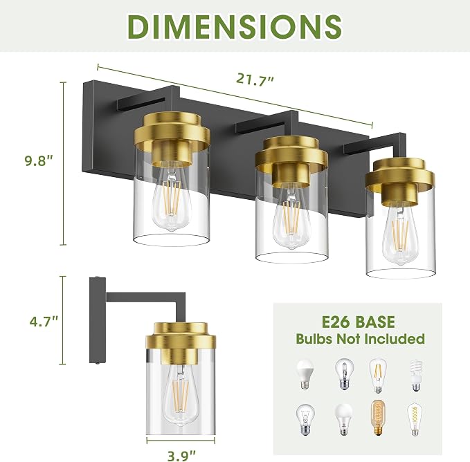 Bathroom Lighting Fixtures, 3-Light Bathroom Vanity Lights Over Mirror, Black and Gold Vanity Light with Glass Shade, Modern Vanity Lighting Fixtures for Bathroom, Bedroom, Hallway