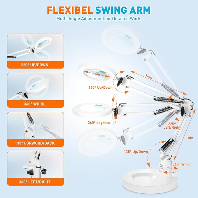 KIRKAS 10X Magnifying Glass with Light and Stand, 2 in 1 Stepless Dimmable | LED Desk Lamp with Clamp, 3 Color Modes Lighted Magnifier Swivel Arm Light for Reading, Craft, Close Works - White