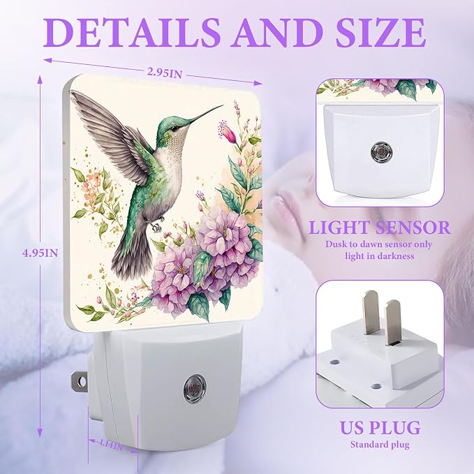 Groovy Hummingbirds Night Light,Flowers Plug-in Night Lights with Dusk-to-Dawn Sensor for Bedroom,Bathroom and Living Room Sleep Friendly lamp 0.5w