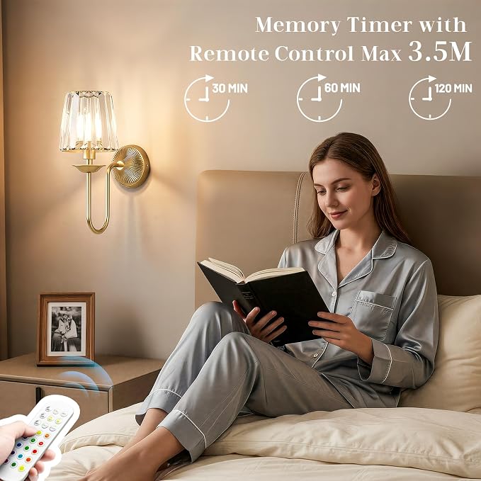 Brass Battery Operated Wall Sconces Set of Two, Crystal Wireless Rechargeable Wall Lights with Remote, Dimmable 3 CCT and 12 RGB Cordless Wall Lamps for Bedroom Living Room Hallway Decor