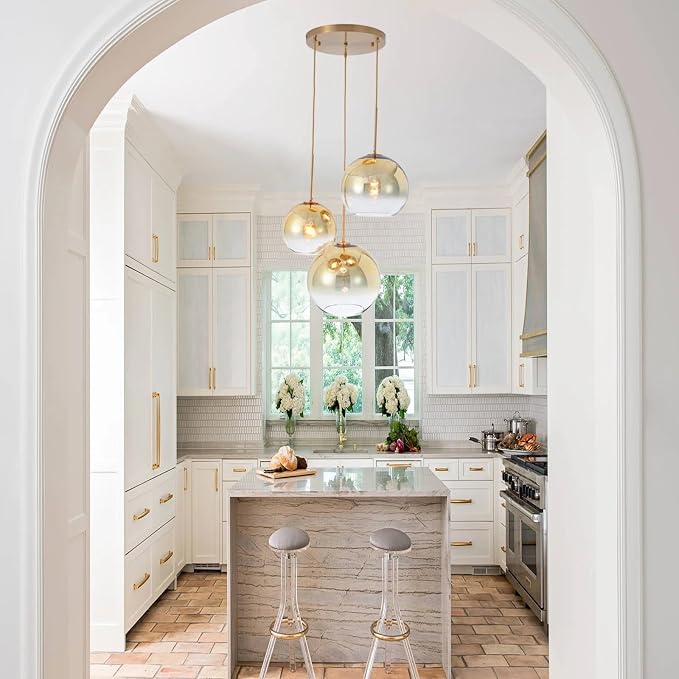 Modern Globe Pendant Lighting Gradient Gold Glass Pendant Light Fixtures Dining Room Adjustable Hanging Cluster Pendant Lamp Nordic 3-Light Heads Chandeliers Lighting for Kitchen Bedroom