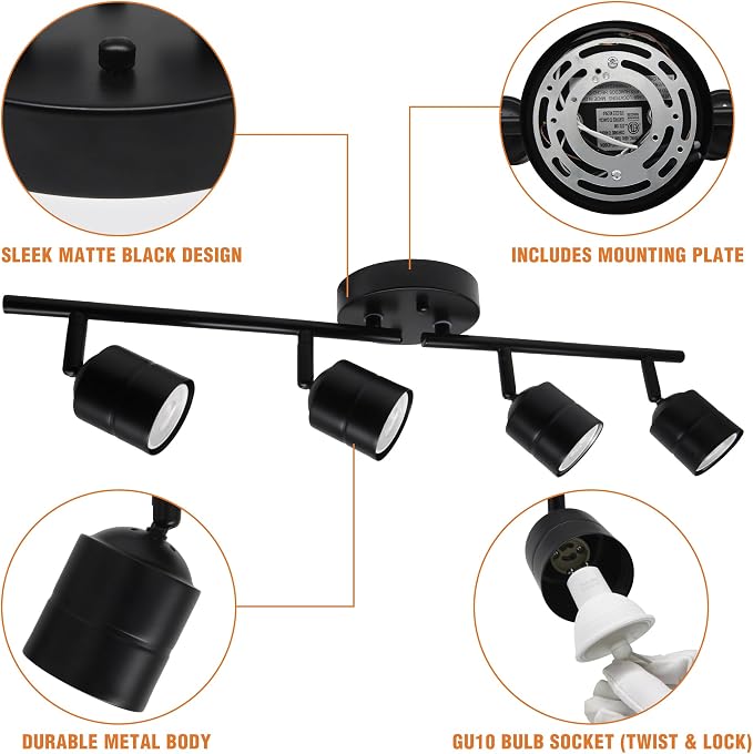 23.62 Inch 4-Light Matte Black Track Lighting Fixture, Rotatable Adjustable GU10 LED Ceiling Spotlight, Dimmable Warm White Indoor Light for Gallery Kitchen Bedroom Retail Store