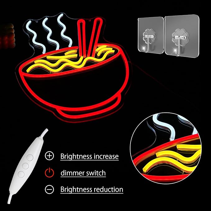 Ramen Neon Sign for Wall Decor Noodle LED Neon Lights Dimmable Food Noodle Light Up Signs LED Neon Signs for Japanese Resturant Home Bar Kitchen Room Cafe Decorction(16.5"*12.9")
