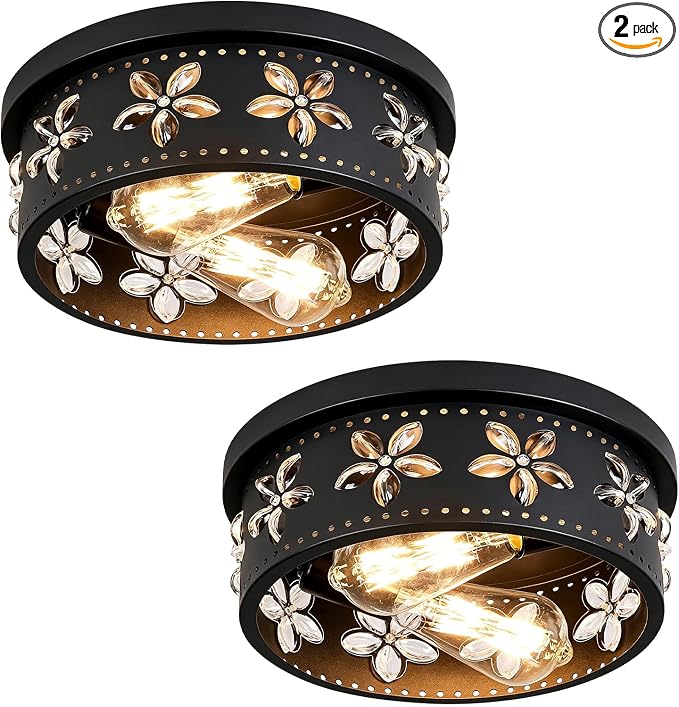 10.6 Inch Black Flush Mount Ceiling Light Fixture, 2 Pack | 2-Light, Flower, Farmhouse, Kitchen, Dining Room, Bedroom, Living Room, Foyer, Entryway
