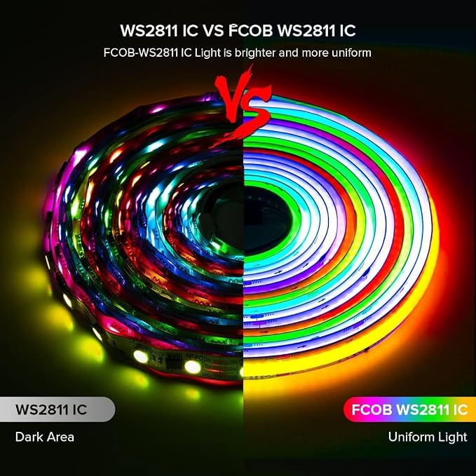 BTF-LIGHTING WS2811 Smart IC RGB FCOB COB LED Strip, UL Listed 630LEDs/m High Density Color Chasing Uniform Light, DC24V 24FT 10mm Width Black PCB for Home Party DIY Decor(No Adapter or Controller)