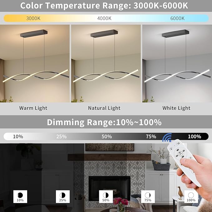 Modern Kitchen Island Pendant Lights, 47in LED Chandelier Fixture Dimmable 3000k-6000K Color, Aluminum Island Lighting Lamp for Dining Room, Billiard Room