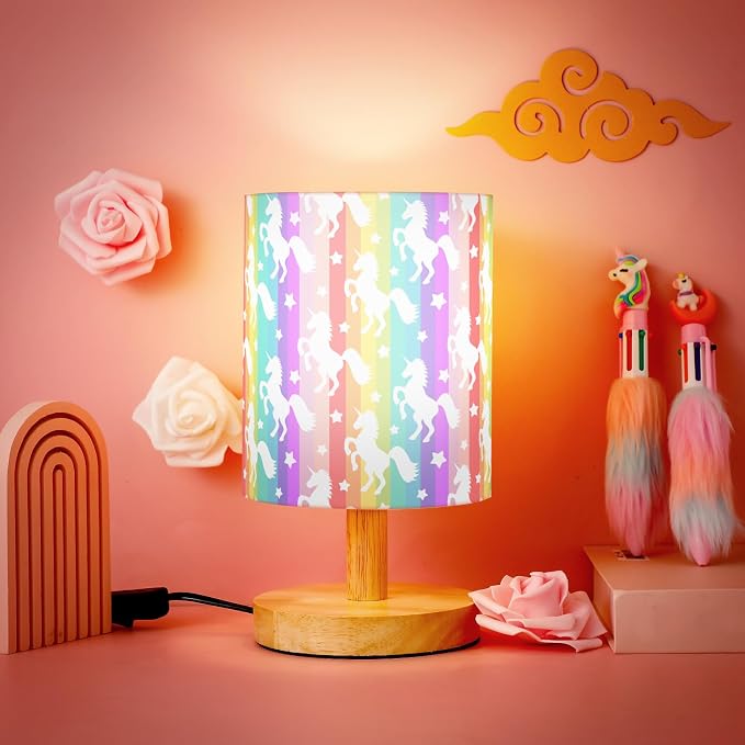 Cute Unicorn Kids Table Lamp for Bedroom Kids Bedside Lamp with Linen Wooden Nightstand Cartoon Nursery Lampshade for Girls Boys Living Room