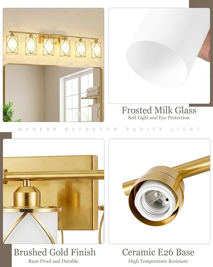 6-Light Brushed Gold Bathroom Light Fixtures Over Mirror, 42" UL-Listed Modern Wall Sconce Lights with Milk White Frosted Glass and Metal Cage for Bath, Hardwire E26, CH9176BGW-6W