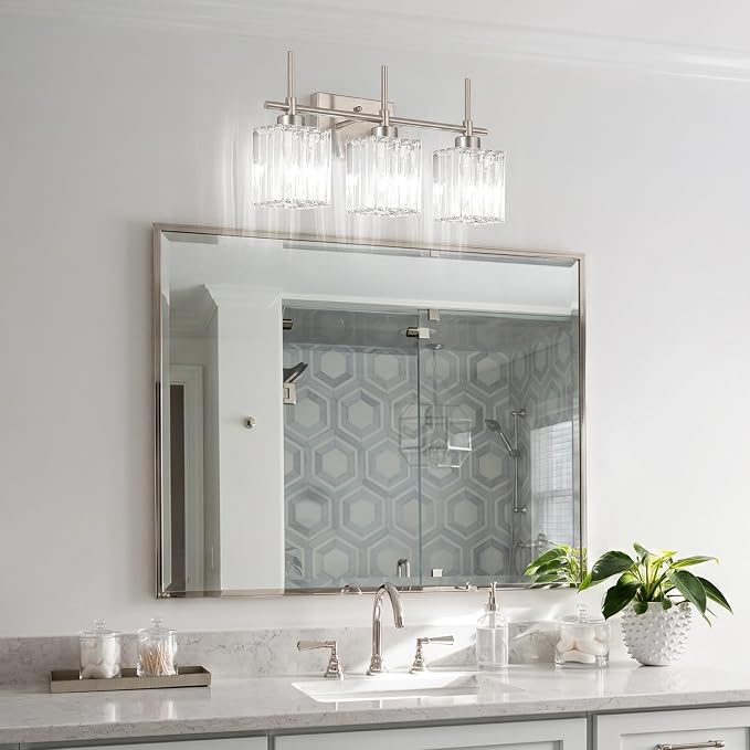 Torondo Modern Crystal Bathroom Vanity Light 3-Light Brushed Nickel Bathroom Light Fixtures Over Mirror Vanity Lighting Fixtures Square Shade Wall Sconce (Bulbs Not Include)