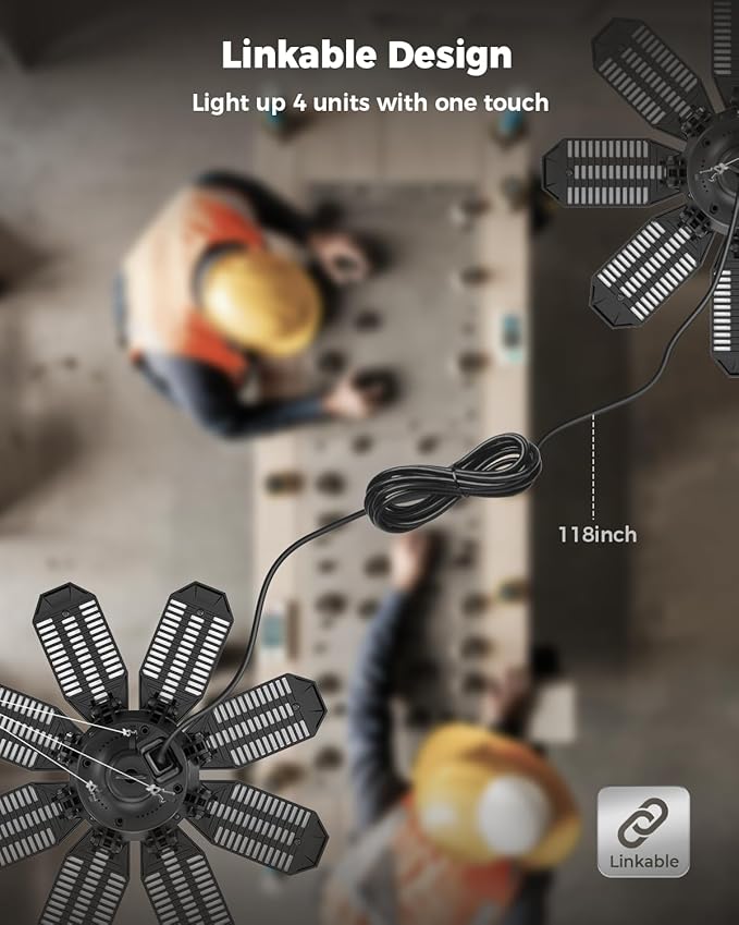 Plug in Garage Light 2 Pack, 25000LM Linkable LED Shop Light with 9.84ft Power Cord and Switch, 8 Foldable Panels, 6500K Work Lights for Garage, Workshop, Utility Room (Built-in Outlet)