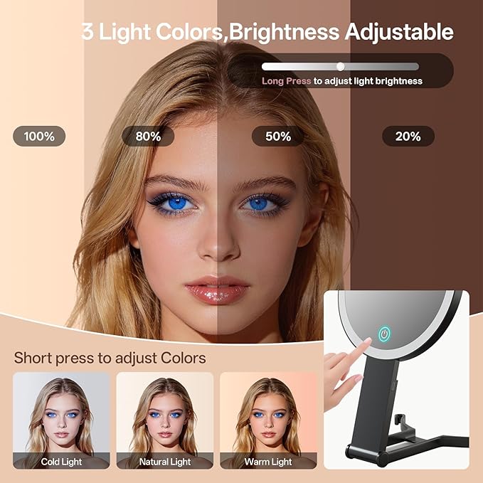 Makeup Mirror with Lights, 40X/1X Double Sided Magnifying Makeup Mirror with 3 Color Lighting and Adjustable Brightness, Portable hand mirrors with handle for Desktop Travel Use (1x/40x- Black)