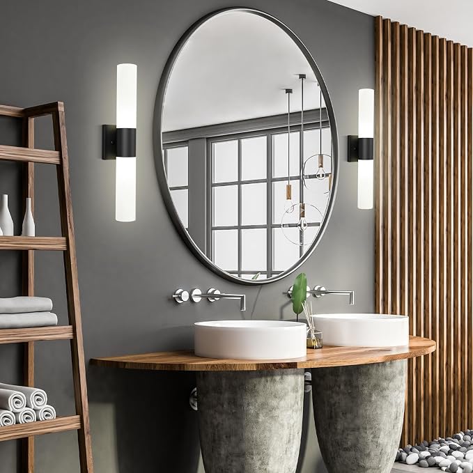 Modern 21" Bathroom Vanity Wall Sconce, Frosted Glass, Black | Indoor Lighting Fixture, For Living Room, Stairs & Bedroom, Mounting Hardware Included, Easy To Install, Sturdy Metal Build.