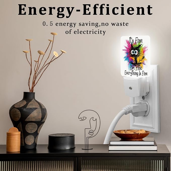 l'm Fine Black Cat Night Light, Plug-into Wall Everything is Fine Nightlight Lamp with Dusk to Dawn Sensor, Led Lamp 0.5W Energy Efficient for Boys Girls Adults Home Decor