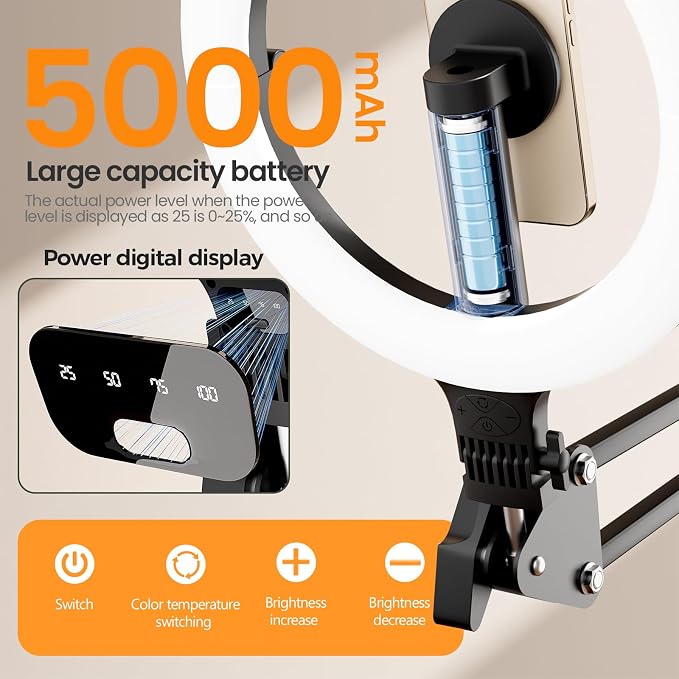 10" Magnetic Ring Light Overhead Camera Phone Mount, XINBAOHONG LED Selfie Light with Stand and Phone Holder, Rechargeable Desk Light for Video Recording