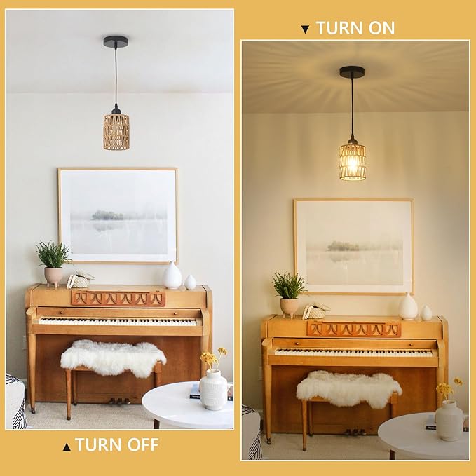 1-Light Rattan Pendant Lights, Boho Farmhouse Pendant Lighting with 4.7×5.9in Hand Woven Shade, Small Wicker Light Fixture Ceiling Hanging for Dining Room Kitchen, Height Adjustable up to 61in