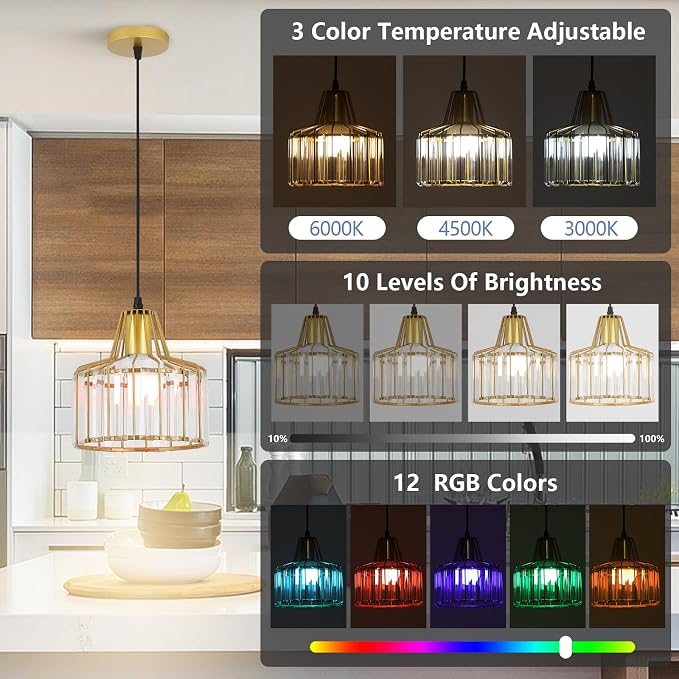 Battery Operated Pendant Lights,Rechargeable Pendant Light with Remote,Gold Pendant Light Fixtures for Kitchen Island,Modern Crystal Hanging Lights for Bedroom,Dining Room Hallway Entryway