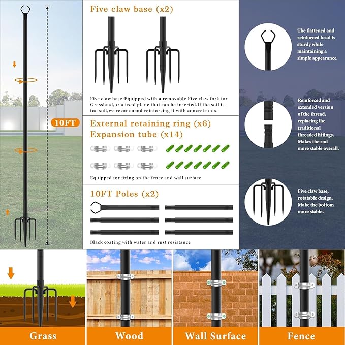 10 Pack String Light Poles,10 Ft Light Poles for Outside String Lights,Outdoor Lights Pole with Fork,Metal Poles Stand for Patio Deck Backyard (10FT 10 Pack)