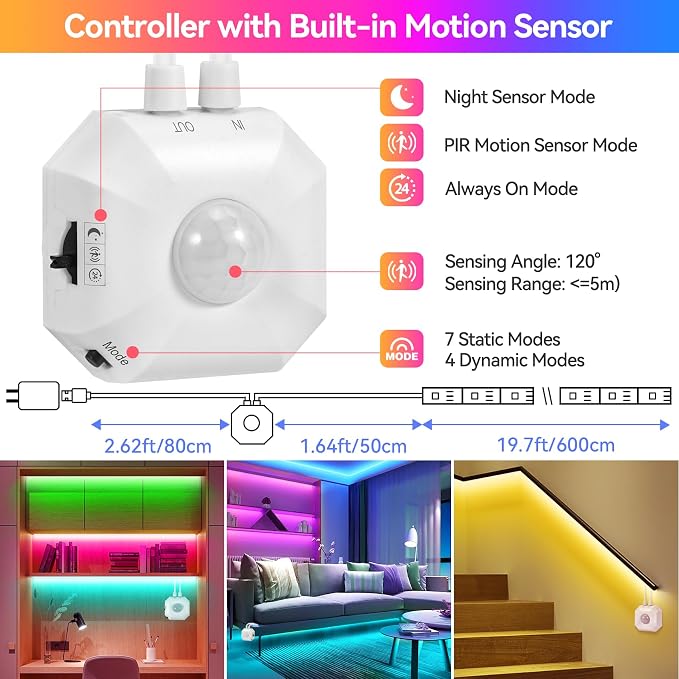Motion Sensor LED Light Strip RGB 19.7Ft for Bed Stair,Remote & App Control | Motion Activated LED Strip Lights Color Changing Under Bed Night Lighting Indoor, Music Sync, USB Powered for Bedroom Kitchen